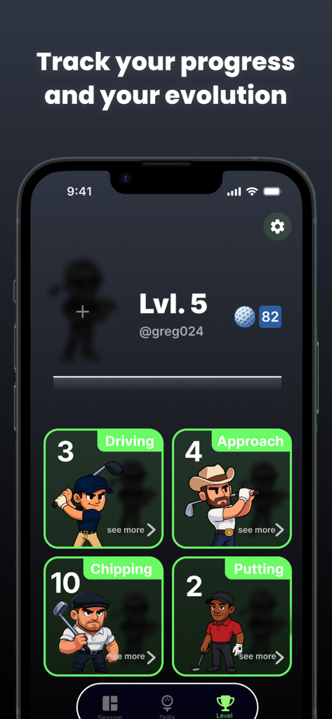 Pro Golf Training - Pro Golf Training app dashboard tracking user levels and progress in different golf skills