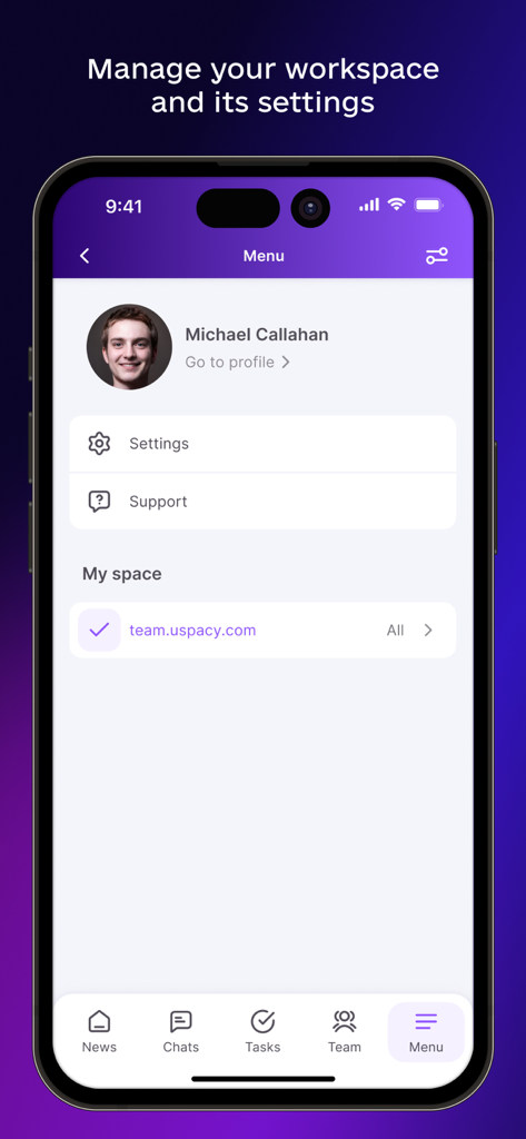 Uspacy app menu screen showing user profile and workspace management settings