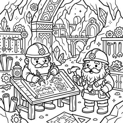 Dive into a world of adorable underground engineering with this charming Kawaii Dwarf Architects coloring page. Watch as these cute, hard-hatted builders meticulously design their majestic cavern cities, ready for your creative touch.