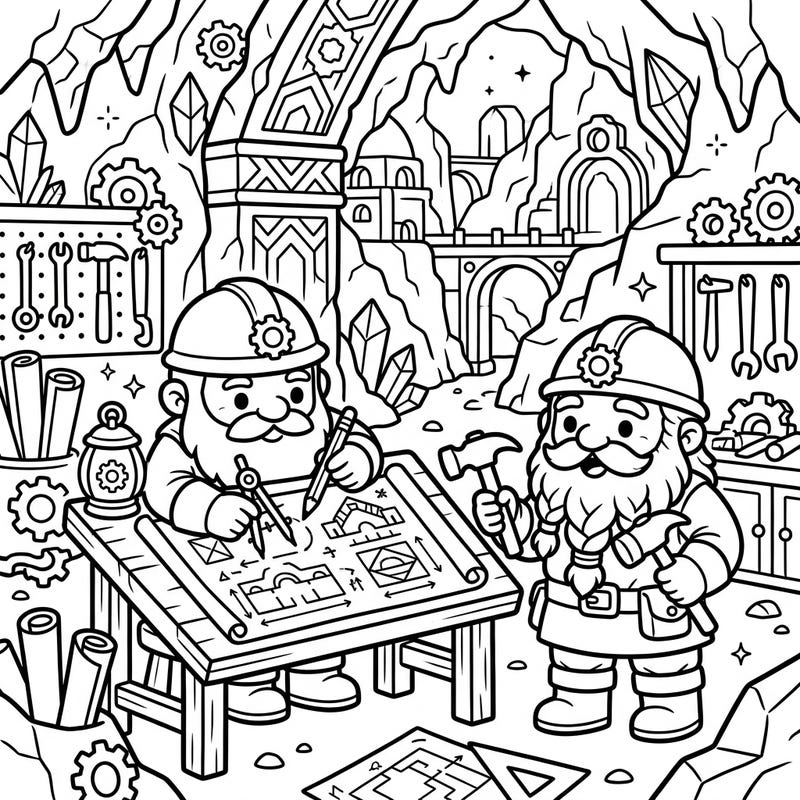 Dive into a world of adorable underground engineering with this charming Kawaii Dwarf Architects coloring page. Watch as these cute, hard-hatted builders meticulously design their majestic cavern cities, ready for your creative touch.