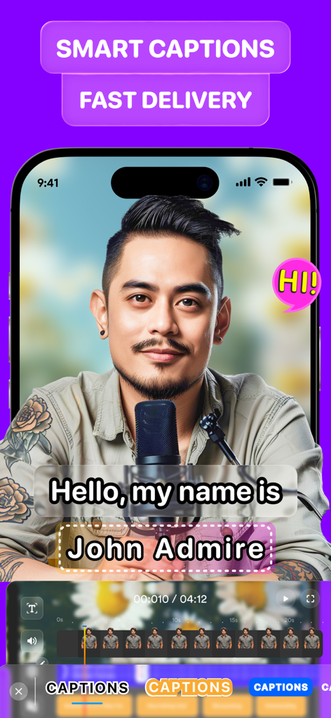 Pantalla de smartphone mostrando la aplicación VCAP AI generando subtítulos inteligentes en un vídeo de un creador hablando a un micrófono.