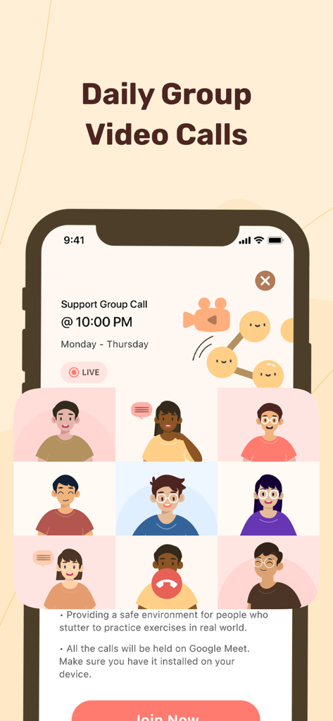 Stamurai: Stuttering Treatment - Stamurai app interface showing a grid of avatars in a support group video call for people who stutter