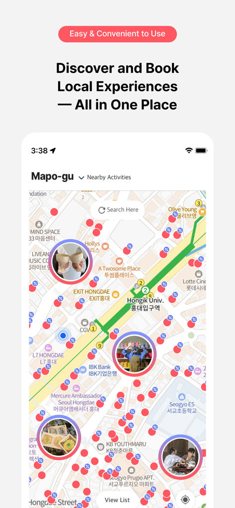 SOMSSIDANG - Experience Korea - Somssidang app map view showing local Korean experiences and workshops in Mapo-gu Seoul