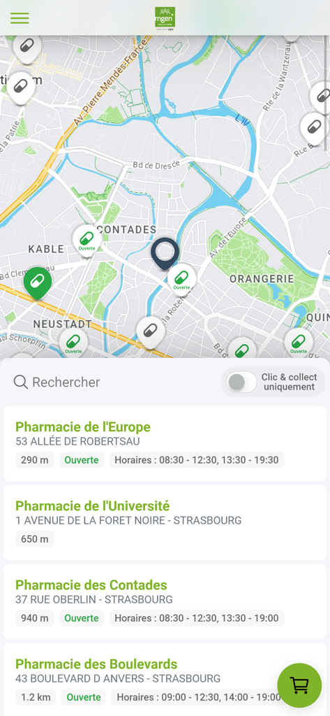 Map view in the MGEN Solutions app showing nearby pharmacies with search results and click and collect filter