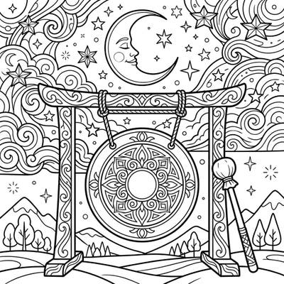 Immerse yourself in this captivating night time coloring page featuring a magnificent gong under a crescent moon and twinkling stars. Designed for teens, this intricate scene offers a perfect blend of artistic challenge and peaceful relaxation.