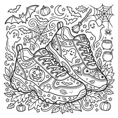 Get ready to trick-or-treat in style with this unique Halloween sneakers coloring page! Featuring a pair of athletic shoes adorned with spooky pumpkins, ghosts, and bats, it's the perfect blend of fashion and fright for your coloring adventure.