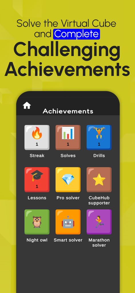 CubeHub - 3x3 Cube Solver - Achievements screen in the CubeHub app showing badges for streaks solves and drills.