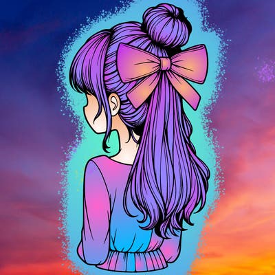 realistic girl  with hip length hair a bun and a big bow on the back of head