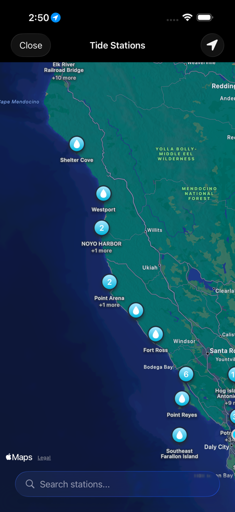 NOAA Tides - Una interfaz de mapa que muestra varias estaciones de mareas costeras dentro de la aplicación NOAA Tides.