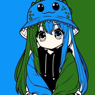 girl with anime shaped eyes with a dinosaur bucket hat oversized sweatshirt long straight hair