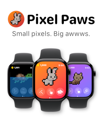Pixel Paws - Virtual Pet Toy - Três Apple Watches exibindo diferentes pets de arte pixel 8 bits do aplicativo de pet virtual Pixel Paws.