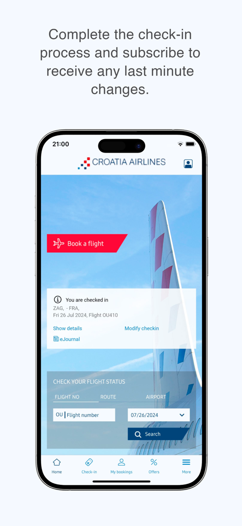 Croatia Airlines - Croatia Airlines mobile app home screen with check-in confirmation and flight status search