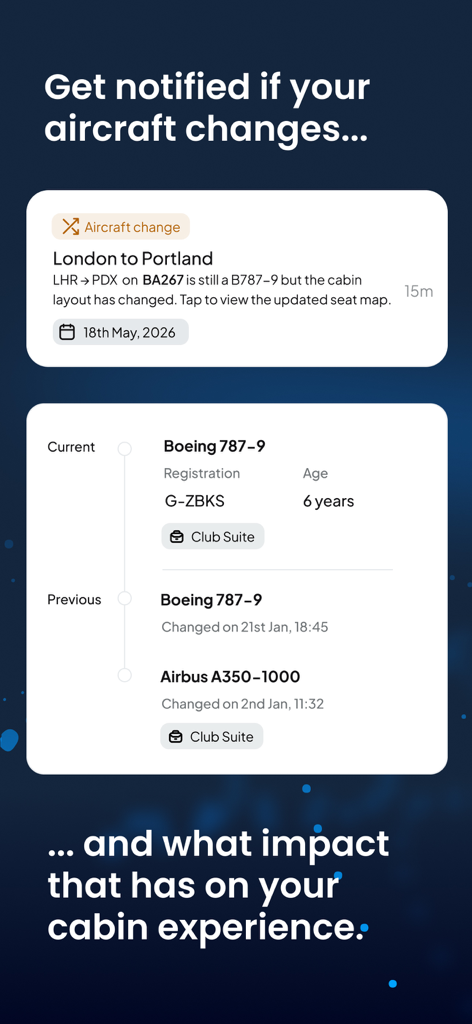 Smartphone notification displaying an aircraft change alert and cabin history for a flight from London to Portland
