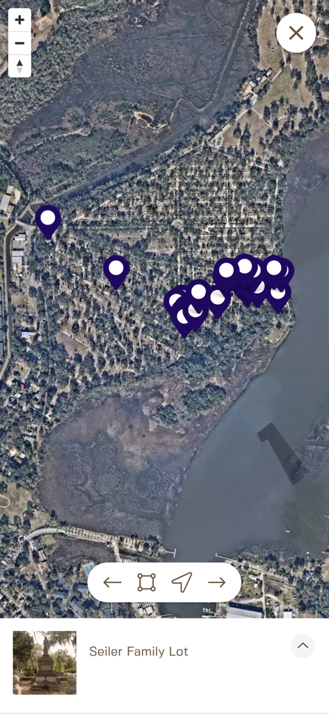 Satellite map view of Bonaventure Cemetery with tour location markers and Seiler Family Lot selected.