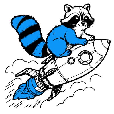realistic raccoon flying on top rocket ship