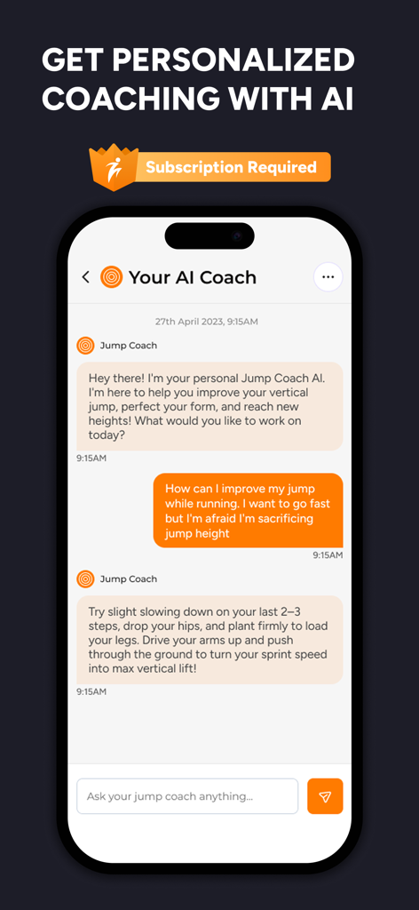 Chat interface showing personalized AI coaching for vertical jump training in the Jump AI app