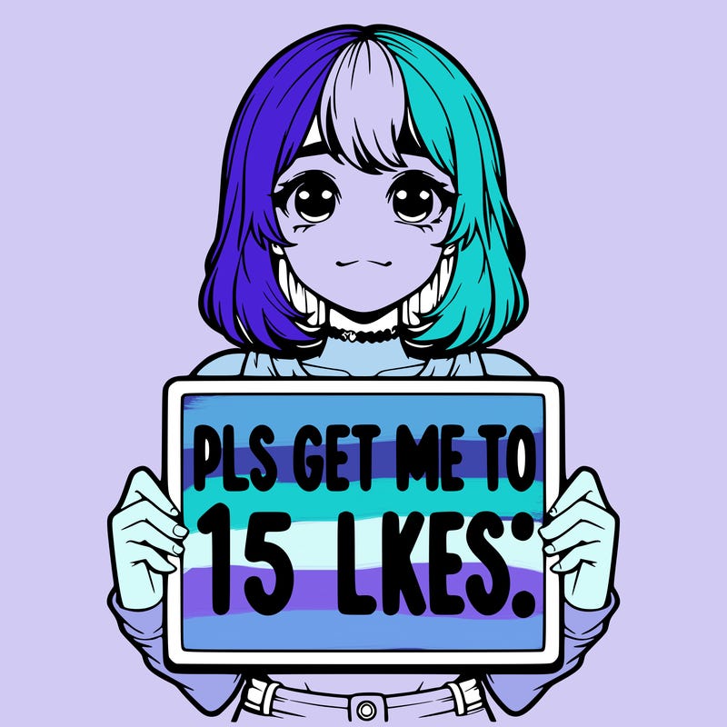 realistic girl holding up a sign that says “pls get me to 15 likes!”