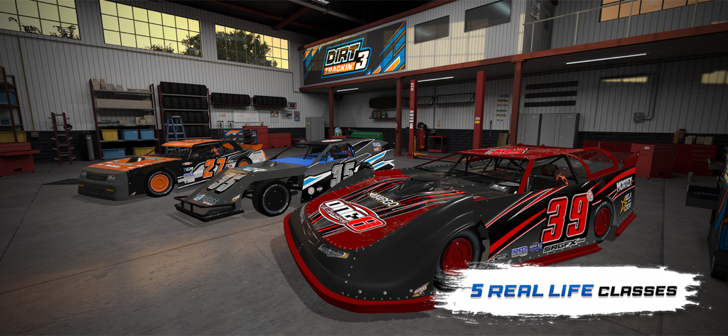 Dirt Trackin 3 - Three dirt track racing cars from different classes parked inside a garage workshop