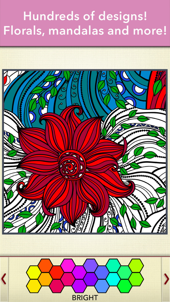Zen Coloring Book for Adults - A red floral mandala design with a bright color palette in the Zen Coloring Book app