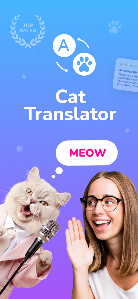 Cat Simulator - Сhat Meow - A woman and a cat in a suit illustrating a cat translator app feature
