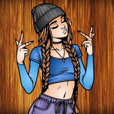 realistic teenage girl with braids and a beanie and crop top doing 🫶🏼