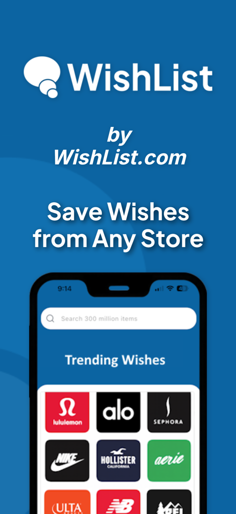 Pantalla principal de la app WishList mostrando deseos populares de marcas como Sephora y Nike