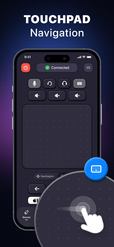 TV Remote Control Universal + - iPhone screen displaying the touchpad navigation interface of the Universal TV Remote app with a hand swipe gesture