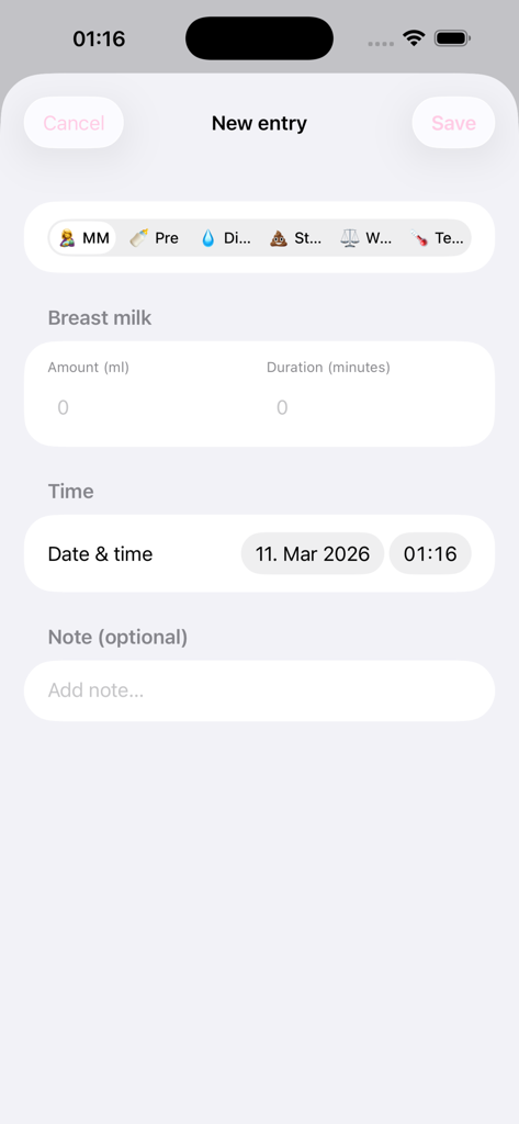 Baby Tracker - Feeding Log - Interface for logging a new baby feeding entry including amount and duration