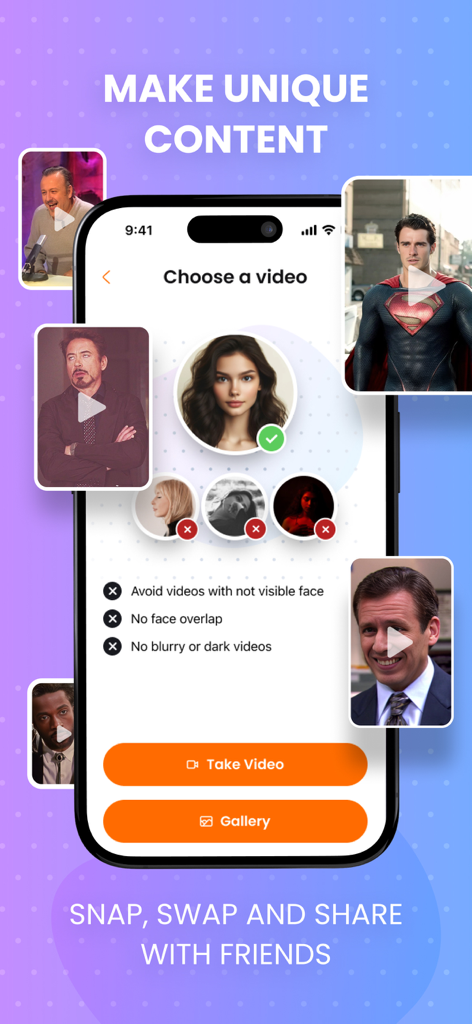 AI Face Swap Video Generator - Smartphone screen showing the face and video selection interface for AI face swapping.
