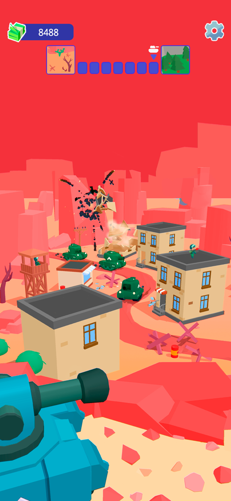 Tank Sniper: 3D Shooting Games - Un tanque azul apuntando a objetivos enemigos en un campo de batalla de cañón desértico de bajos polígonos con edificios y explosiones.