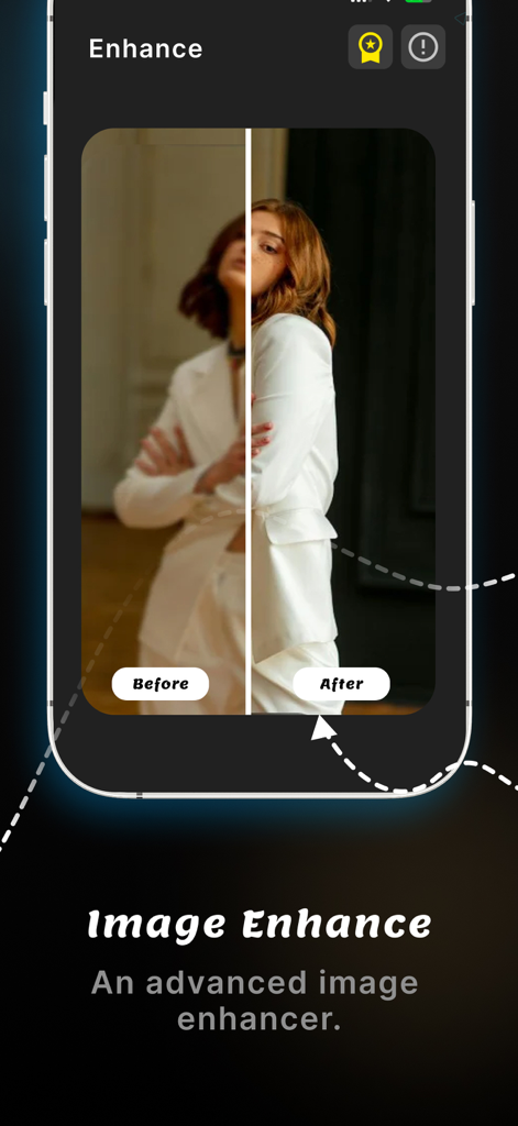 A before and after side-by-side comparison of a portrait photo using the AI image enhancer feature