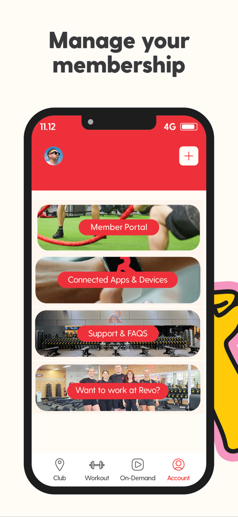 Smartphone displaying the Revo Fitness app account management screen with options for member portal and connected devices.