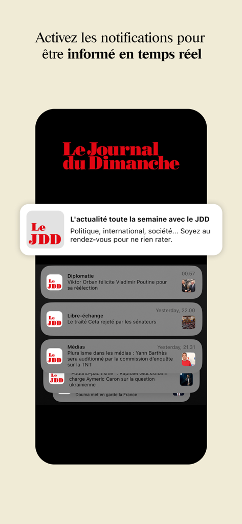 Le JDD : actualités et info - Screenshot of Le JDD app showing push notifications for real-time news alerts on an iPhone screen