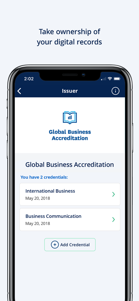 Blockcerts Wallet mobile app interface displaying a list of verified digital credentials from Global Business Accreditation