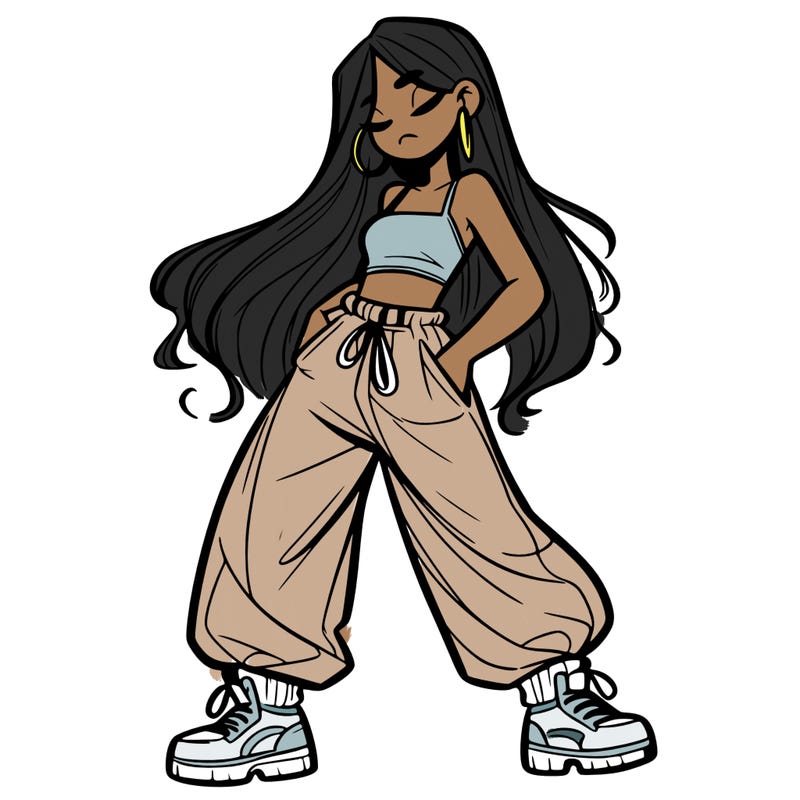 girl in baggy pants crop top and long hair