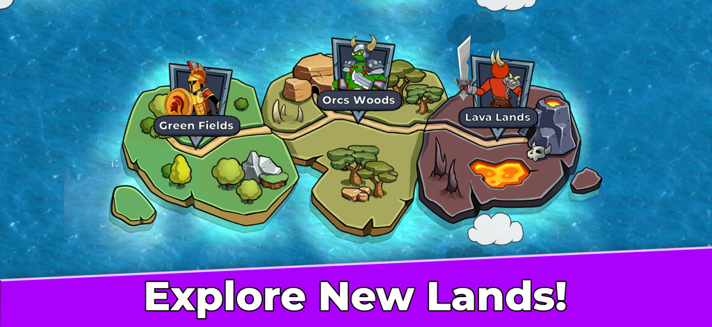 World map in The Archers 2 stick man game showing level regions Green Fields, Orcs Woods, and Lava Lands.
