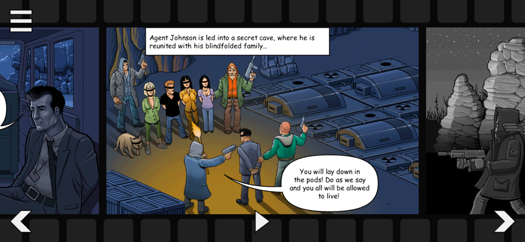 Retro Commander - A comic style storyboard scene from the Retro Commander story campaign showing Agent Johnson and his family being captured.