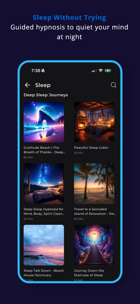 Screenshot of the Chill Pill app showing a variety of guided hypnosis sessions for deep sleep and relaxation