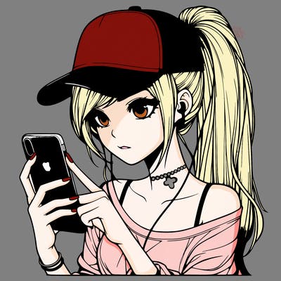 realistic girl with a long ponytail and trucker hat holding an iphone