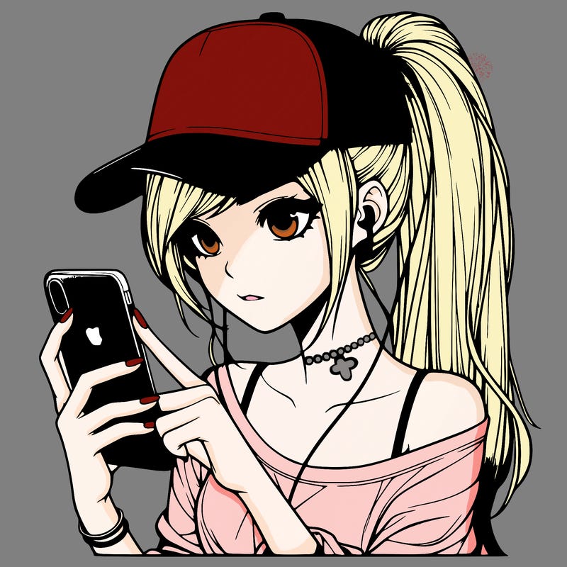 realistic girl with a long ponytail and trucker hat holding an iphone