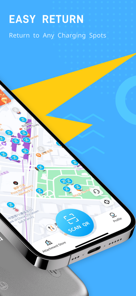 PowerOn SG - Smartphone screen showing PowerOn SG app map with various charging spot locations and a scan QR button.