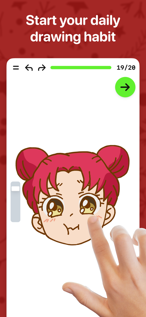 ArtWorkout: Learn How to Draw - A hand using a smartphone to trace an anime character drawing in the ArtWorkout app