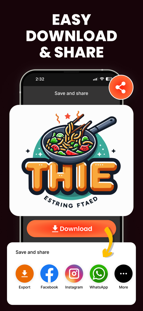 AI Logo Maker • Logo Generator - AI生成カスタムロゴをソーシャルメディアにダウンロードおよび共有する方法を示すインターフェース