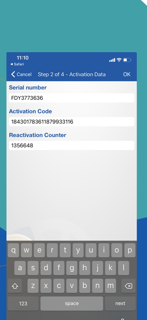 CIB OTP Token - CIB OTP Token app activation screen showing serial number and activation code fields