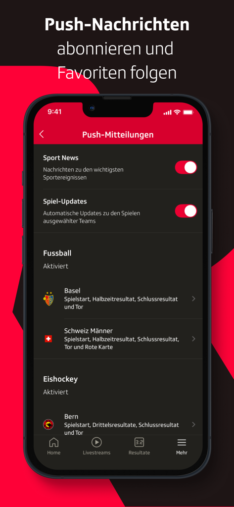 Bildschirm der SRF Sport App zur Verwaltung von Push-Benachrichtigungen für Sportnachrichten und Live-Spiel-Updates