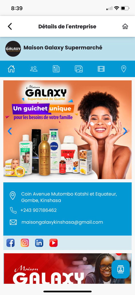 Capture d'écran du répertoire d'entreprises de l'application MonCongo pour le supermarché Maison Galaxy, avec les coordonnées et les promotions