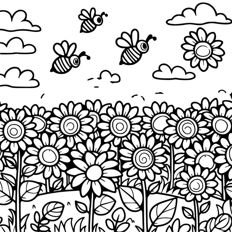 a field of sunflowers with bees buzzing