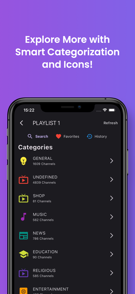 Any IPTV Player - Any IPTV Player mobile interface displaying channel categories like news, music, and entertainment with smart icons