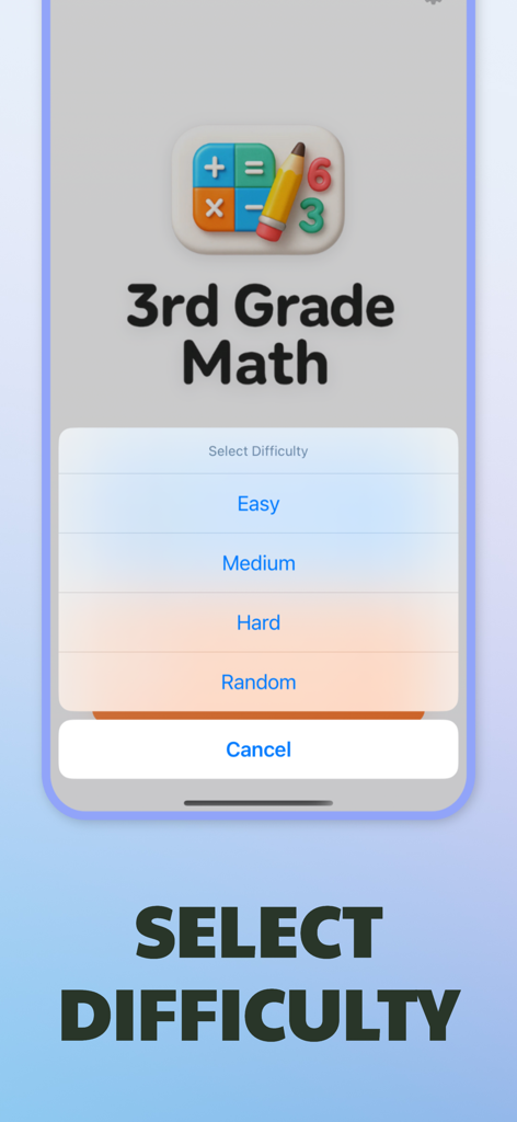 Interface of 3rd Grade Math app showing difficulty level selection with Easy, Medium, and Hard options.