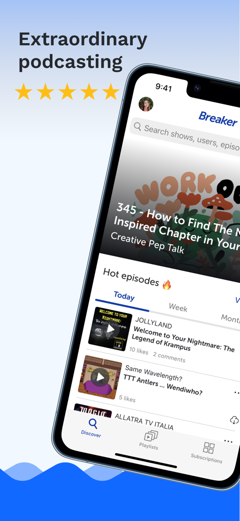 Breaker app discovery screen on iPhone showing hot podcast episodes and curated suggestions.